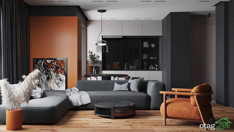دکوراسیون نارنجی و طوسی دودی در طراحی داخلی منزل آپارتمانی